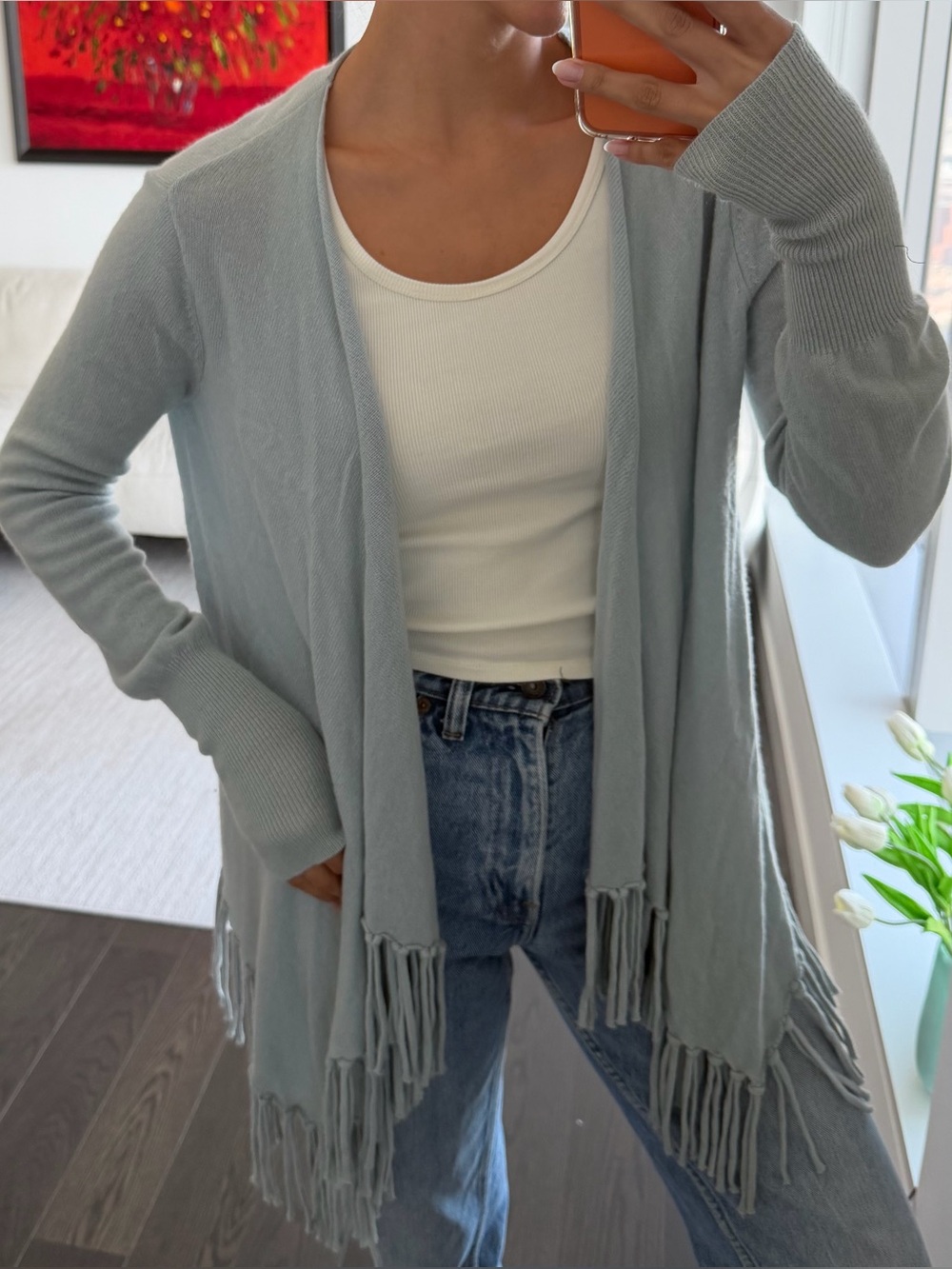 Calypso St. Barth 100% Cashmere Fringe Open Cardigan Sweater Blue Gray Size S